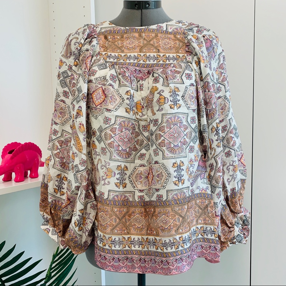 Anthropologie Flora Silk Blouson Sleeve Blouse